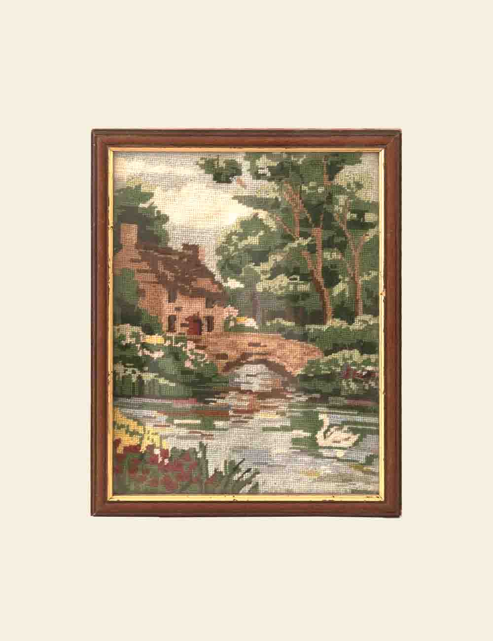 Cross-Stitch Landscape in Wooden Frame
