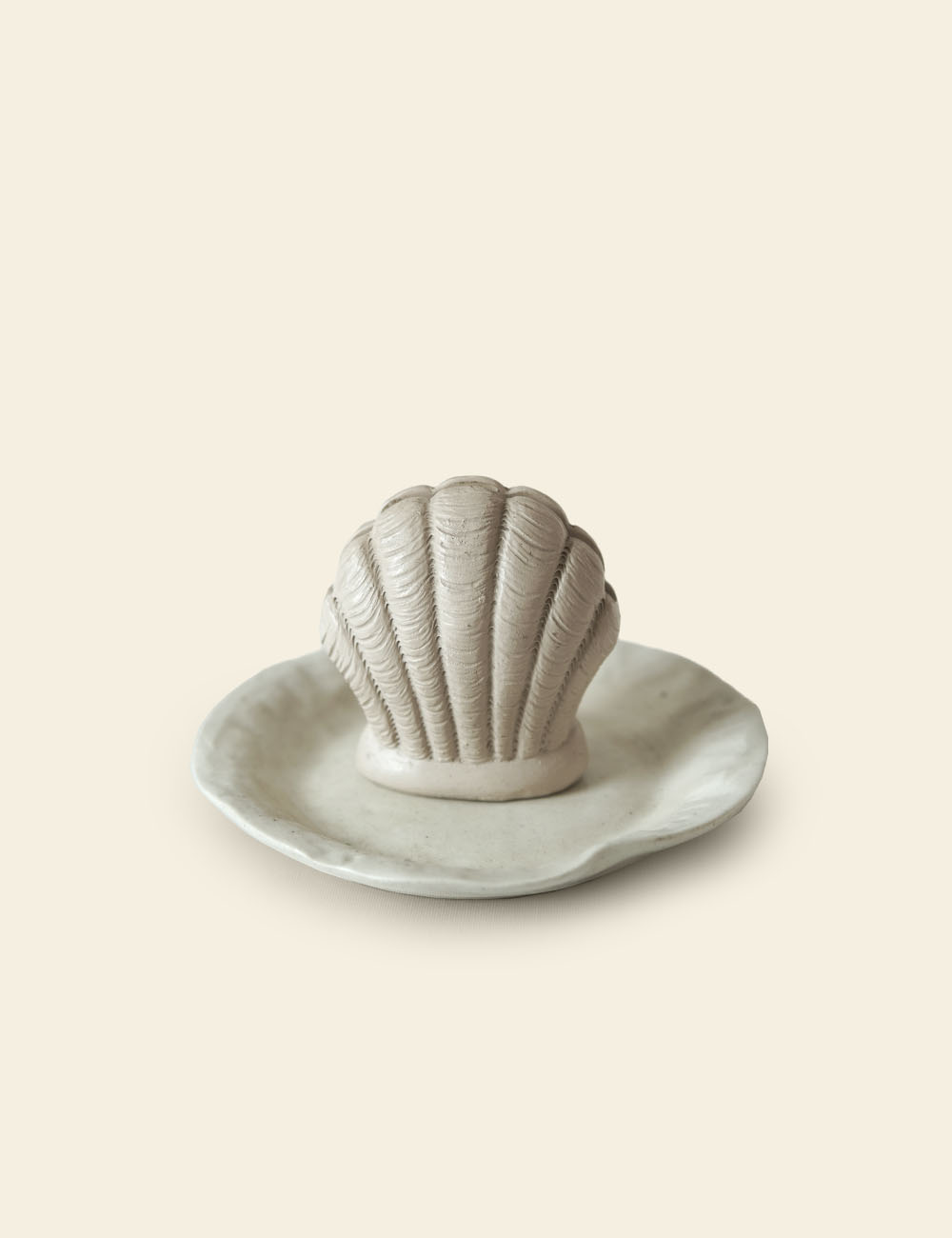 Set of Handmade Deformed Off-White Ceramic Plate with Ceramic Shell