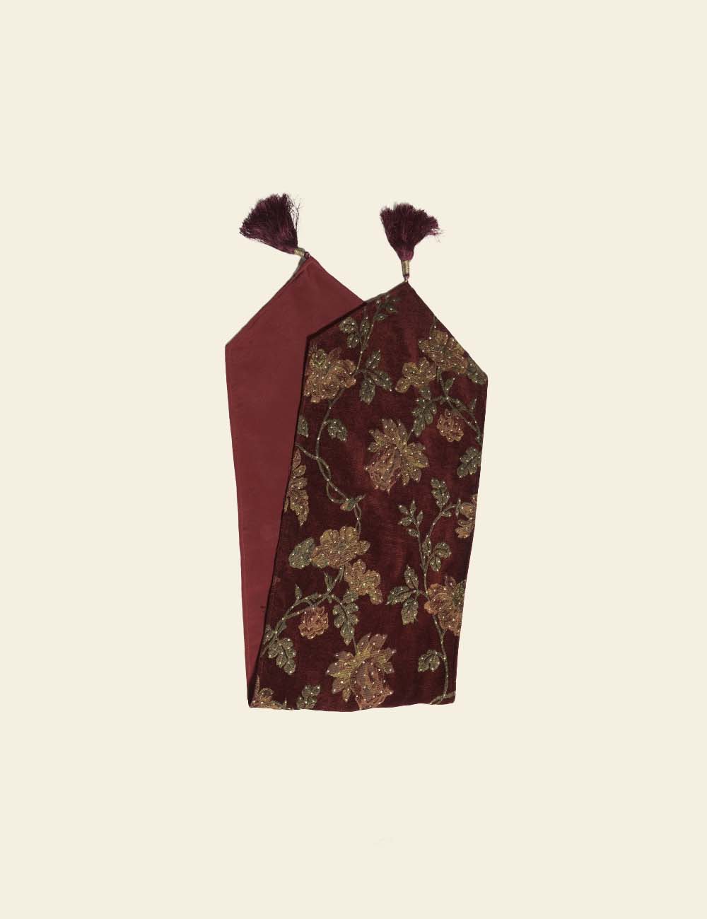 Beige Floral Print Red Table Runner