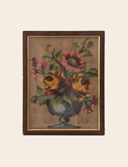 Cross-Stitch Flowers in Wooden Frame