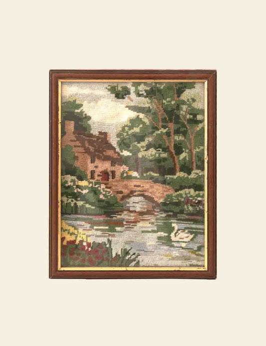 Cross-Stitch Landscape in Wooden Frame
