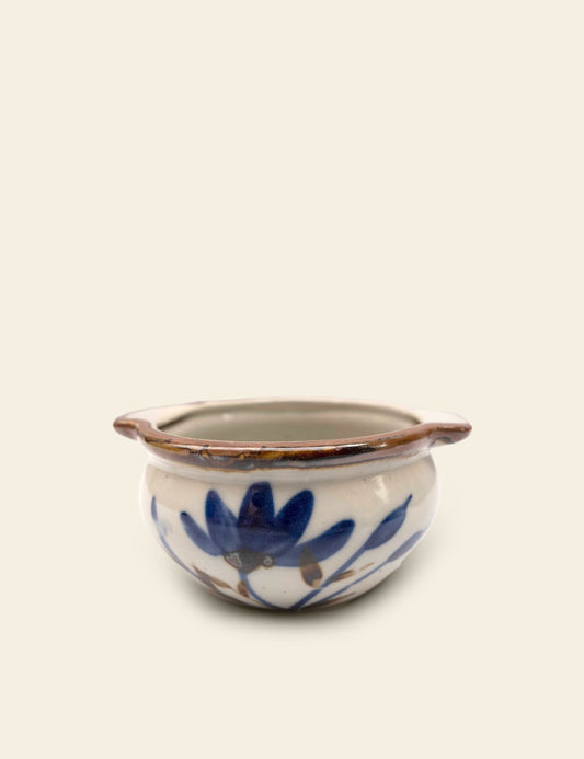 Dark Blue Lotus Glazed Art Pottery Bowl with Brown Handles