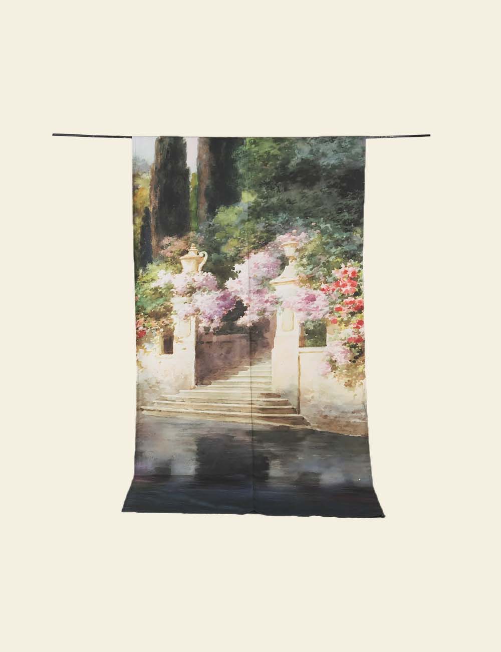 Fascinating tapestry with a garden scene featuring flowers and a fountain.