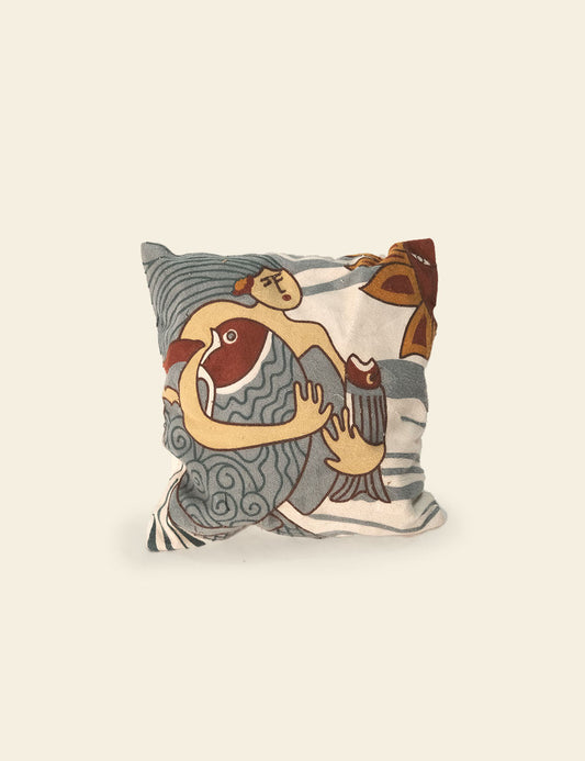 Grey Multi Eclectic Woman Painting Fish Cushion
