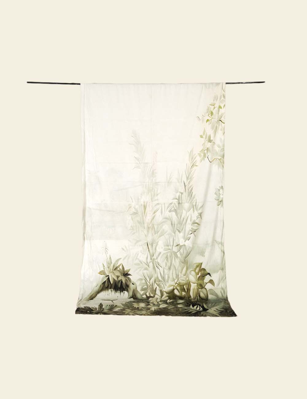Tapestry with underwater scene featuring plants and fish on a beige background