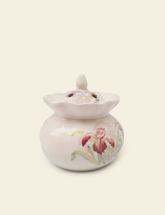 Off-White Ceramic Red Floral Incense Burning Pot