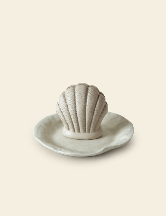 Set of Handmade Deformed Off-White Ceramic Plate with Ceramic Shell